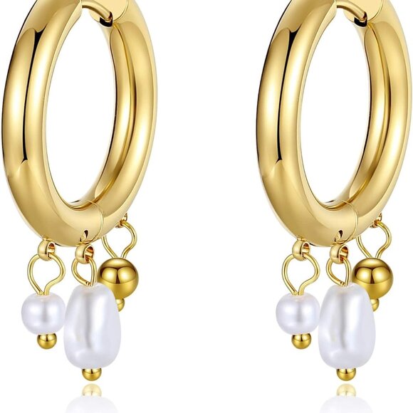 Trendy Gold Hoop Earrings for Women, Small Huggie Style, Heart Drop Dangle, 18K - Picture 1 of 8